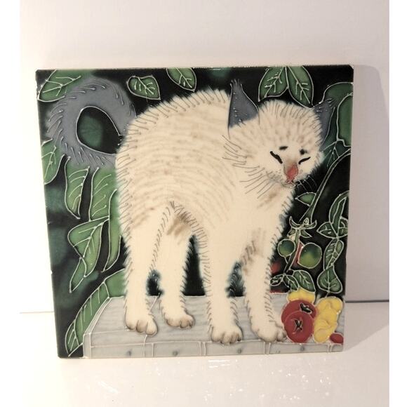 Title Unknown Other - Cat Tile Art Hand-Painted Ceramic Coaster Trivet Folk Art Decor Colorful